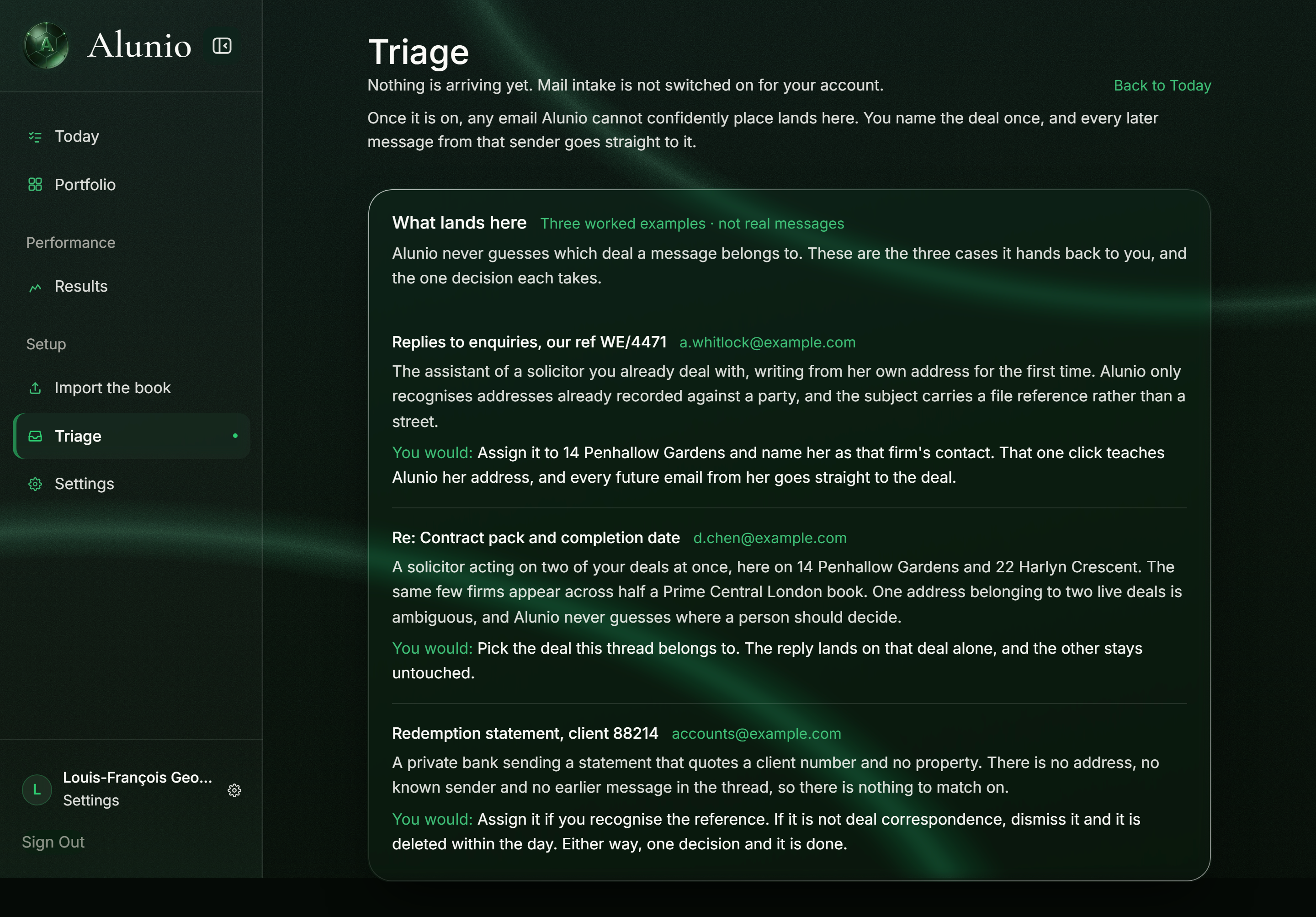 The triage inbox for agency-wide email intake, with the 24 hour deletion promise stated